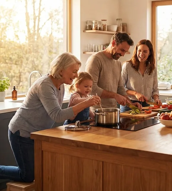 A multi-generational family cooking together in a bright, comfortable kitchen