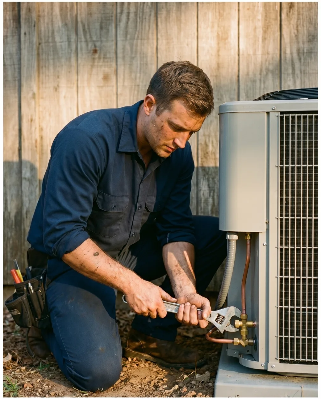 Doug's Air technicians installing a new outdoor AC condenser at an East Texas home