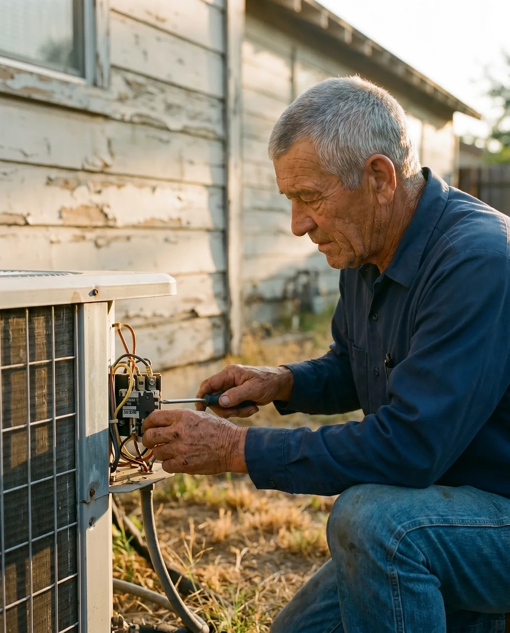 A Doug's Air technician diagnosing an outdoor AC condenser at an East Texas home