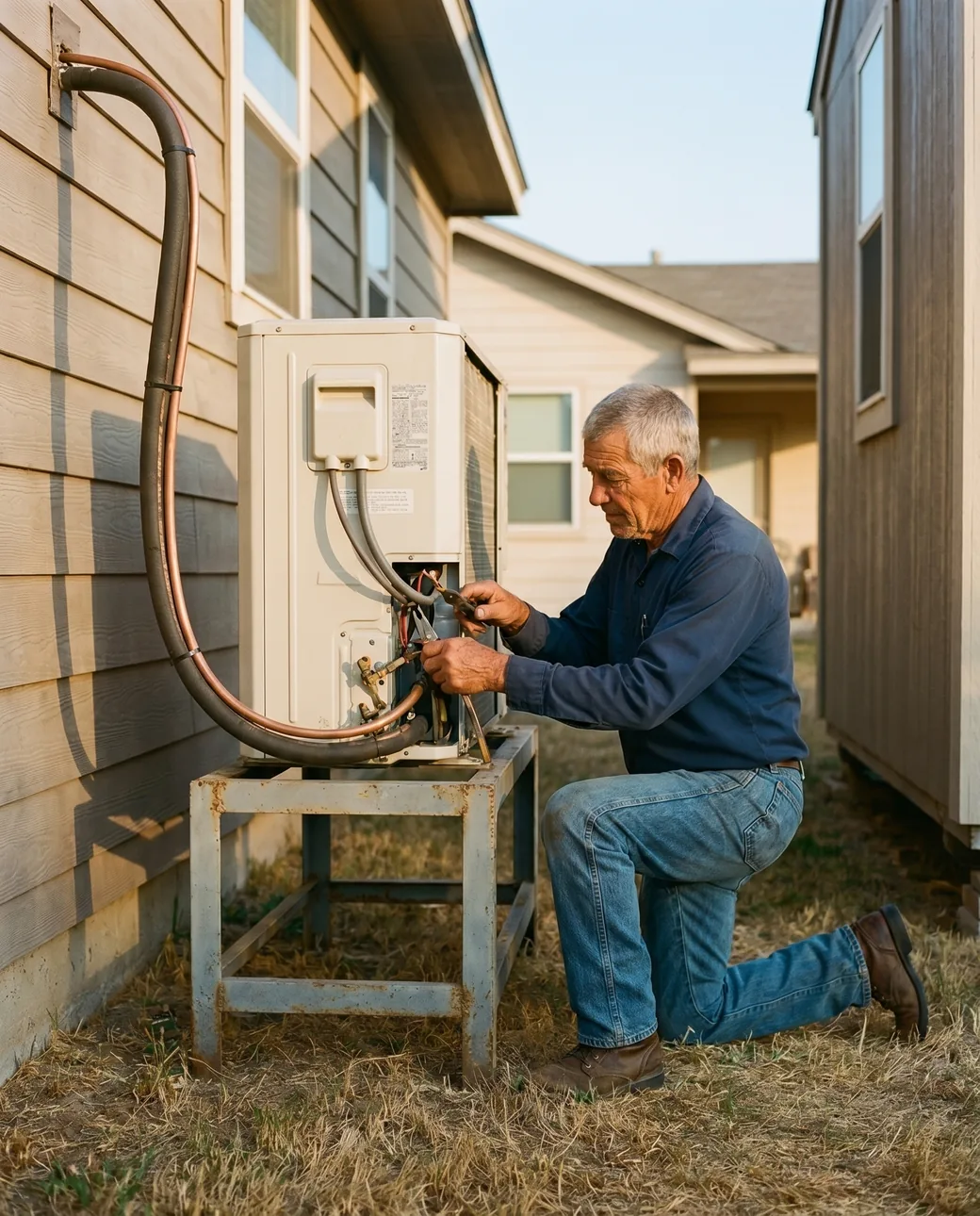 A Doug's Air technician servicing an outdoor heat pump system at an East Texas home