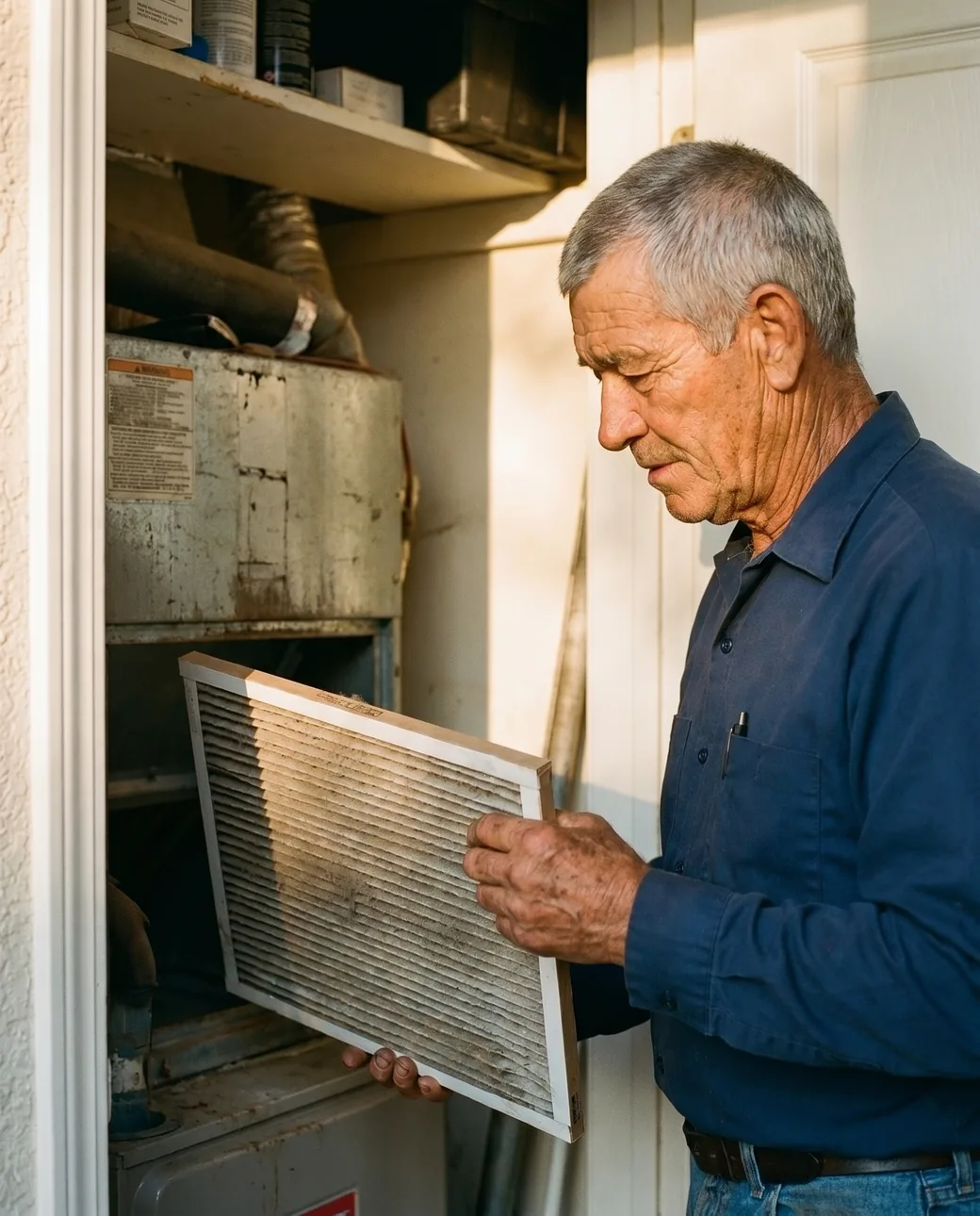 A Doug's Air technician changing a furnace filter during a maintenance tune-up