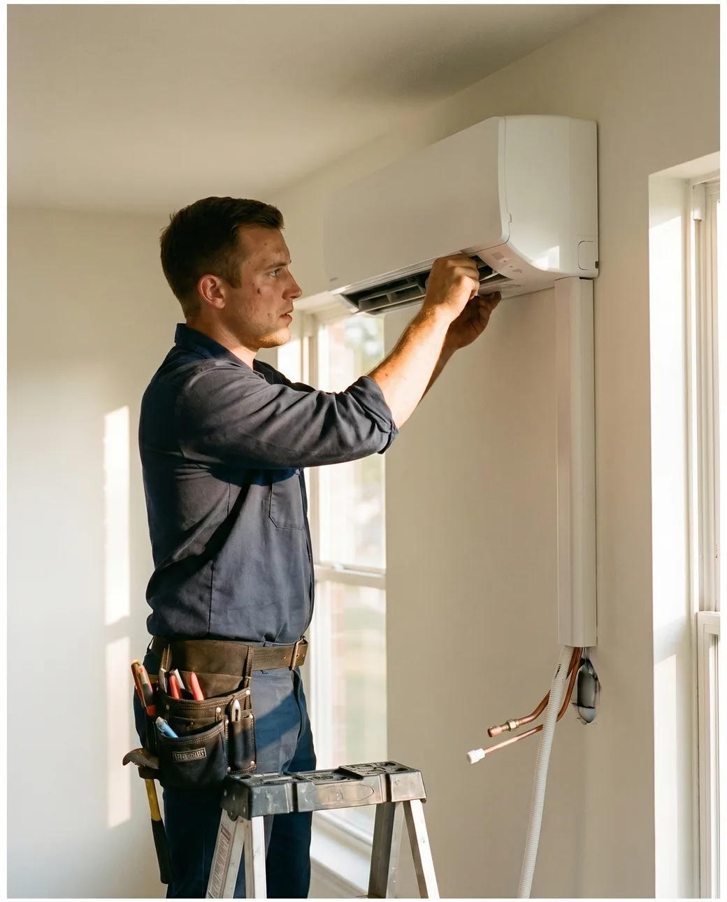 A Doug's Air technician installing a ductless mini-split head unit on an interior wall