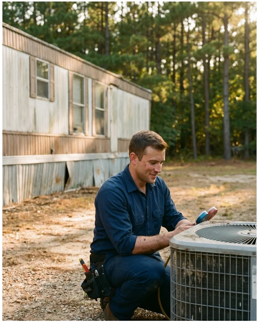 A Doug's Air technician servicing an HVAC condenser beside a mobile home in East Texas