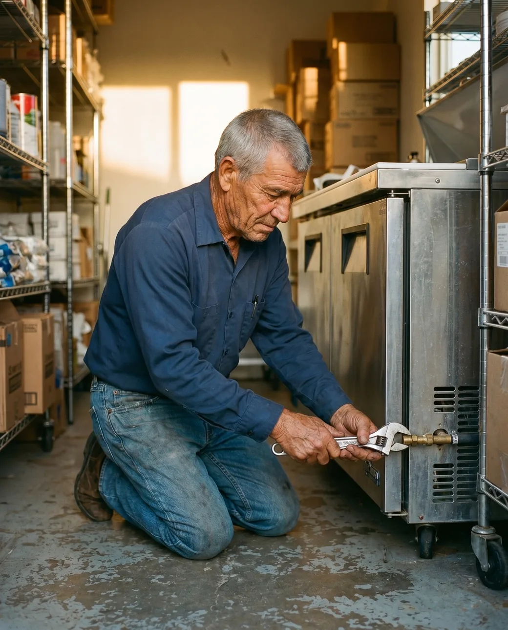 A Doug's Air technician servicing a commercial refrigeration cooler in a back room