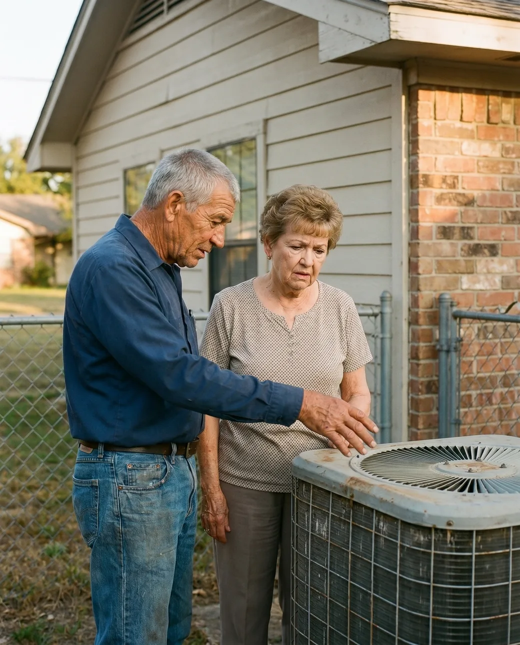 A Doug's Air technician giving a homeowner an honest second opinion at their outdoor AC unit