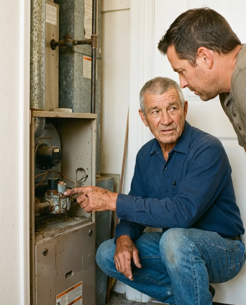 A Doug's Air technician showing a homeowner what he found inside their furnace during a second opinion