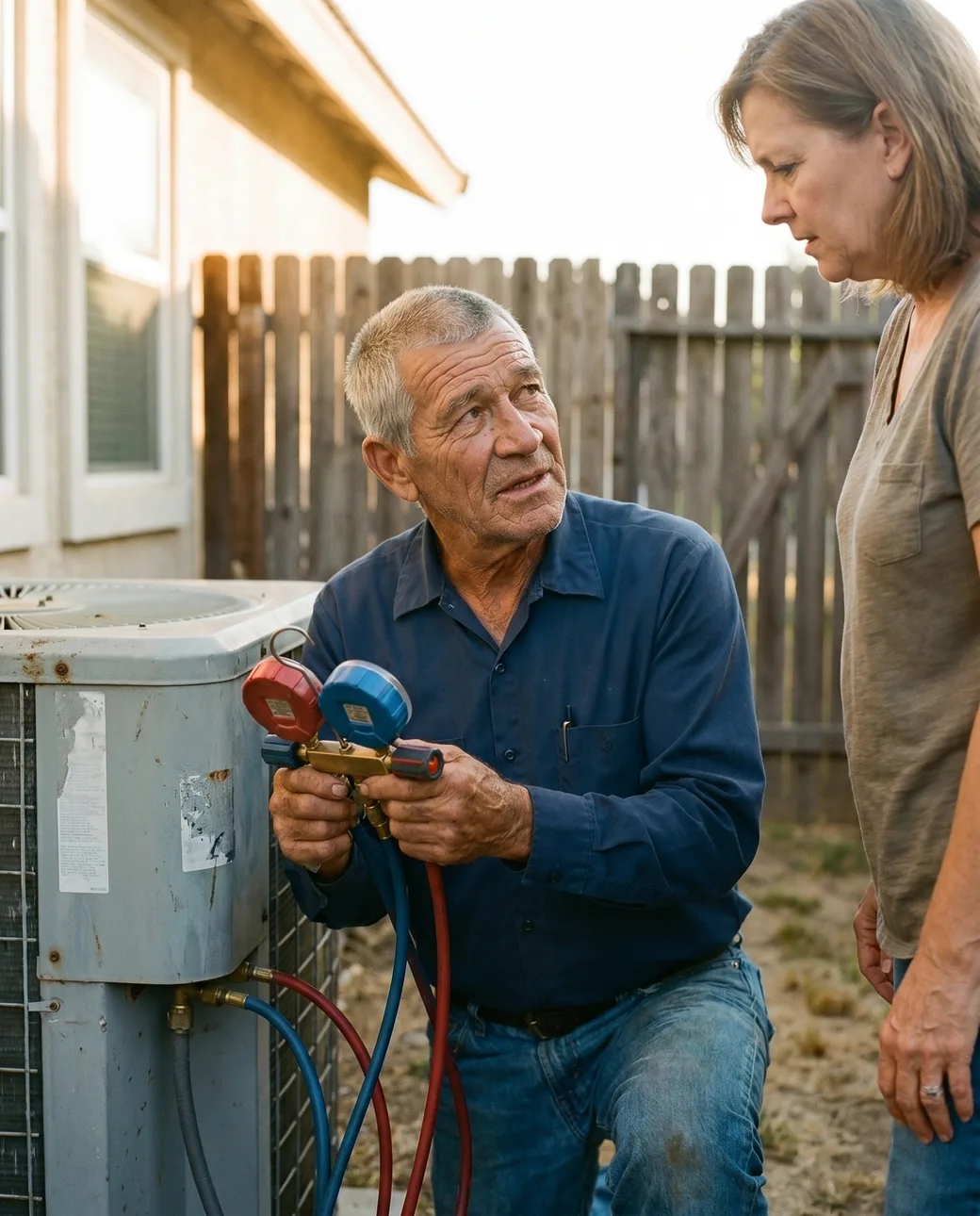 A Doug's Air technician checking an outdoor AC unit with manifold gauges while the homeowner watches